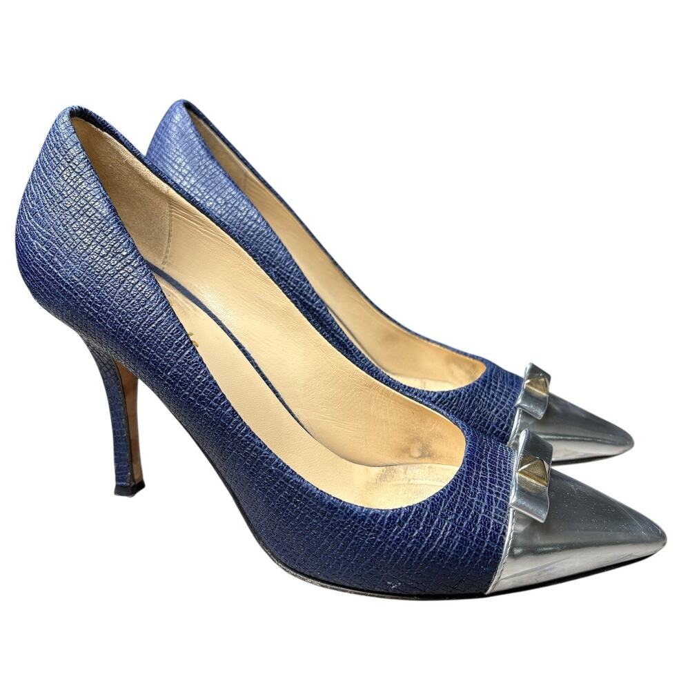 Kate Spade PALOMA Leather Stiletto Heels Bow Navy Blue Silver Size 6.5